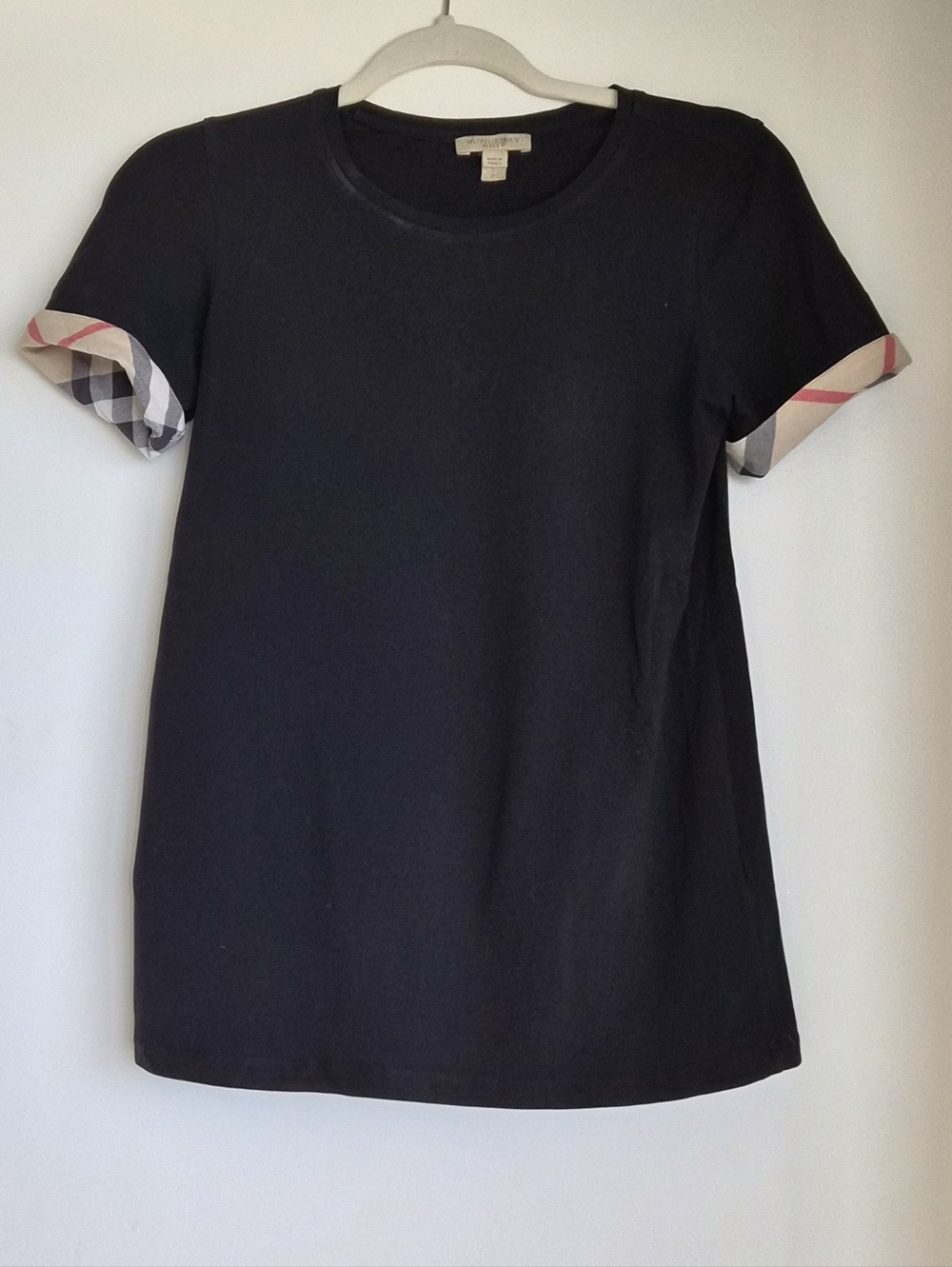 Burberry Black Tee with Signature Check Sleeve Roll Size S